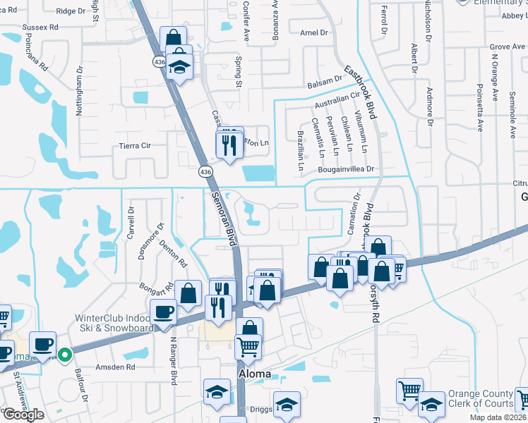 map of restaurants, bars, coffee shops, grocery stores, and more near 3288 Bishop Park Drive in Winter Park