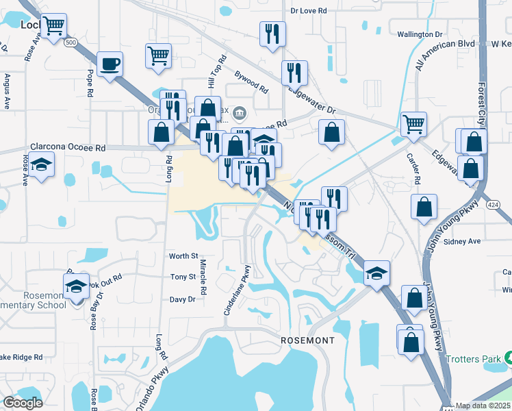 map of restaurants, bars, coffee shops, grocery stores, and more near Cinderlane Pkwy & Rosewood Way in Orlando
