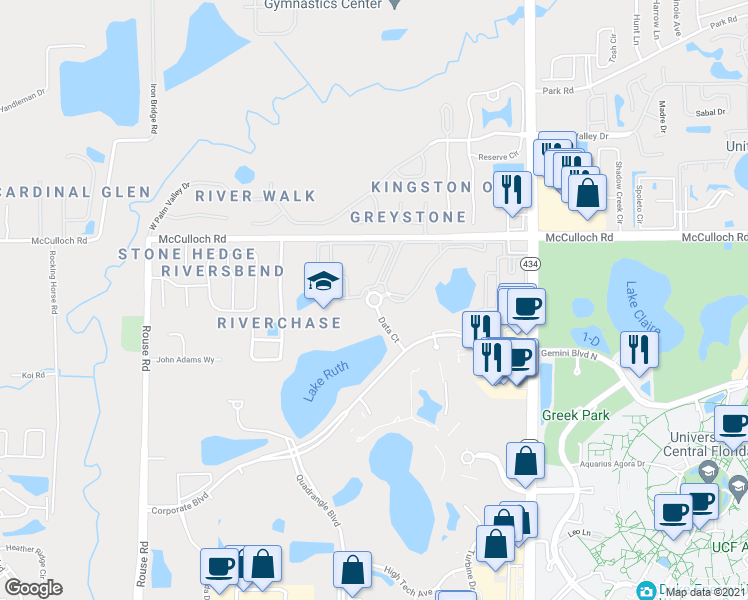 map of restaurants, bars, coffee shops, grocery stores, and more near 4811 Data Court in Orlando