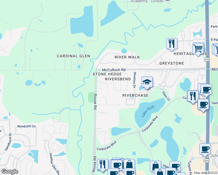 map of restaurants, bars, coffee shops, grocery stores, and more near 4421 Calm Water Court in Orlando