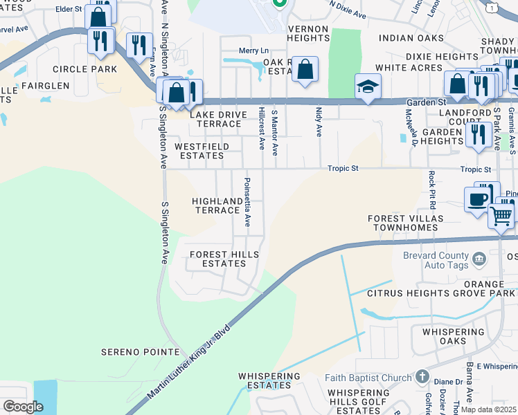 map of restaurants, bars, coffee shops, grocery stores, and more near 504 Hillcrest Avenue in Titusville