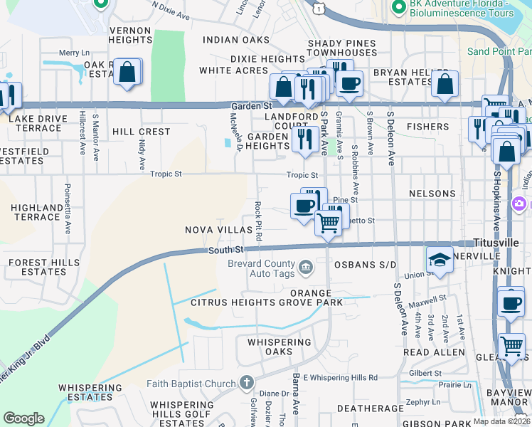 map of restaurants, bars, coffee shops, grocery stores, and more near 501 Rockpit Road in Titusville