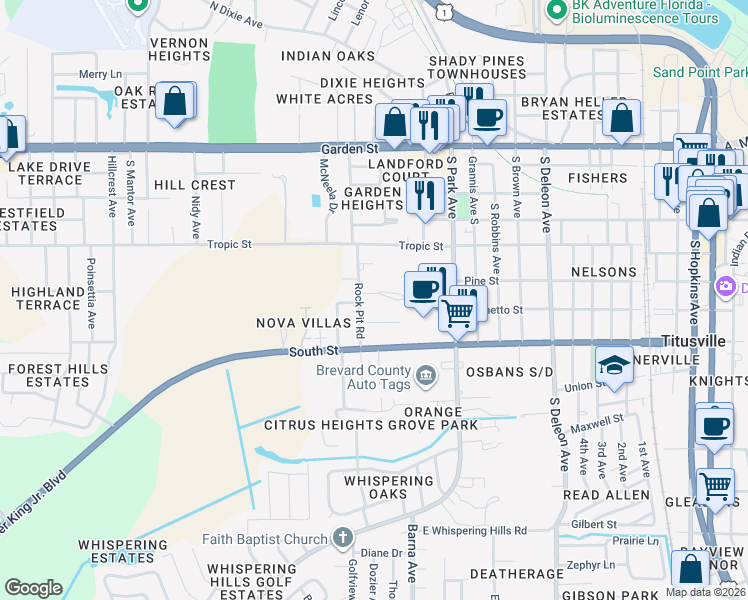 map of restaurants, bars, coffee shops, grocery stores, and more near 1680 Palmetto Street in Titusville