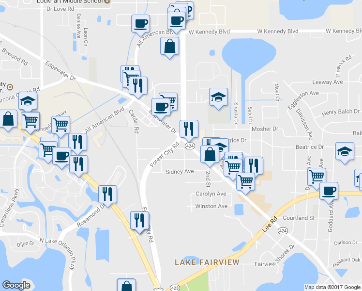map of restaurants, bars, coffee shops, grocery stores, and more near 5750 Edgewater Drive in Orlando