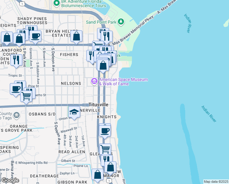 map of restaurants, bars, coffee shops, grocery stores, and more near 525 Indian River Avenue in Titusville