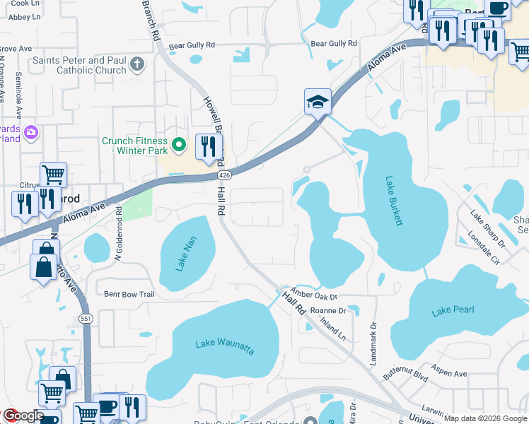 map of restaurants, bars, coffee shops, grocery stores, and more near 4820 Amsbury Court in Orlando