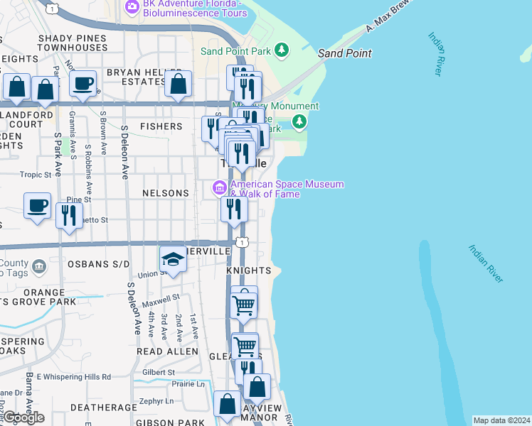 map of restaurants, bars, coffee shops, grocery stores, and more near 525 Indian River Avenue in Titusville