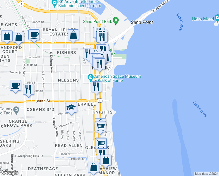 map of restaurants, bars, coffee shops, grocery stores, and more near 525 Indian River Avenue in Titusville