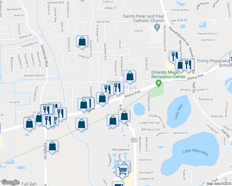 map of restaurants, bars, coffee shops, grocery stores, and more near 4873 Magnolia Avenue in Winter Park