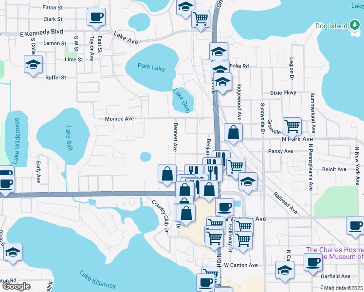 map of restaurants, bars, coffee shops, grocery stores, and more near 1232 Park Green Place in Winter Park