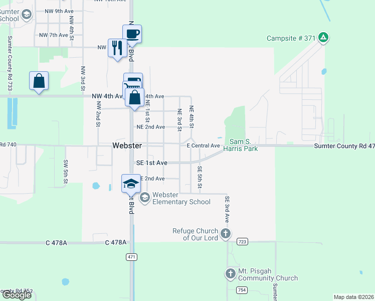 map of restaurants, bars, coffee shops, grocery stores, and more near 28 Southeast 4th Street in Webster