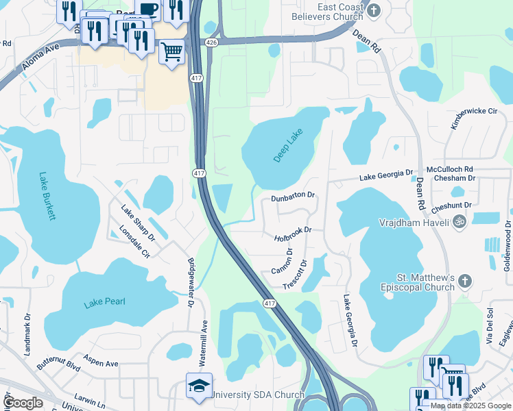 map of restaurants, bars, coffee shops, grocery stores, and more near 4732 Dunbarton Drive in Orlando