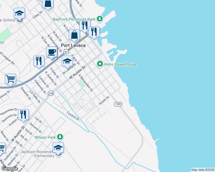 map of restaurants, bars, coffee shops, grocery stores, and more near 718 South Virginia Street in Port Lavaca
