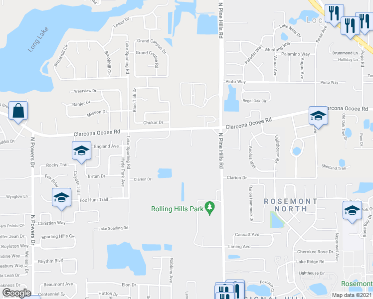 map of restaurants, bars, coffee shops, grocery stores, and more near 5616 Clarcona Ocoee Road in Orlando