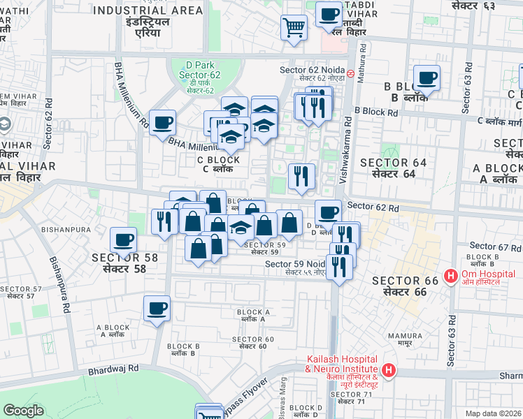 map of restaurants, bars, coffee shops, grocery stores, and more near A-33 Local Road in New Okhla Industrial Development Area