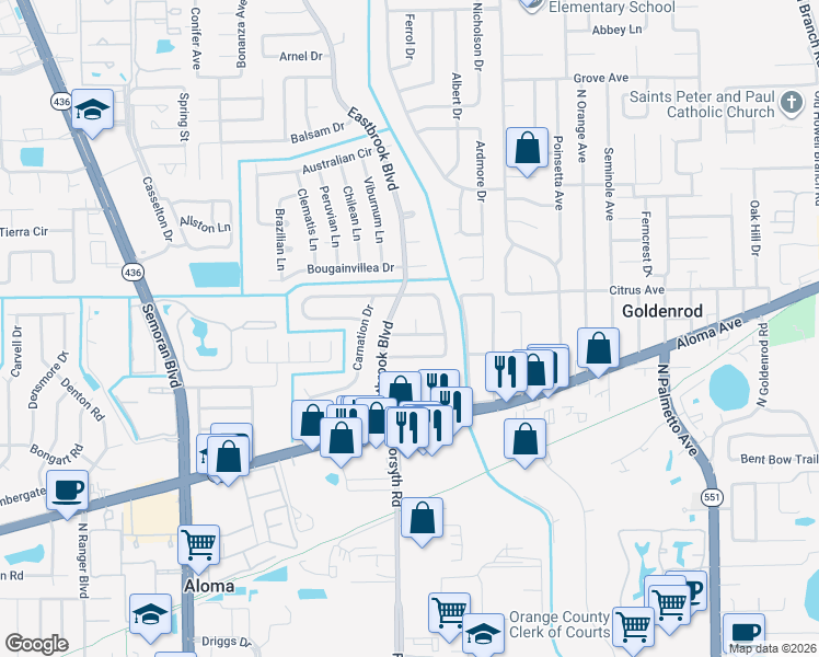 map of restaurants, bars, coffee shops, grocery stores, and more near 3649 Hedgewood Drive in Winter Park