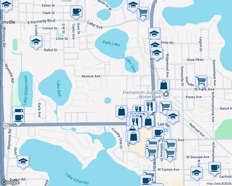 map of restaurants, bars, coffee shops, grocery stores, and more near 1701 Lee Road in Orlando