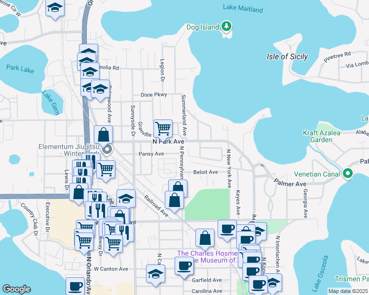 map of restaurants, bars, coffee shops, grocery stores, and more near 551 Park North Court in Winter Park