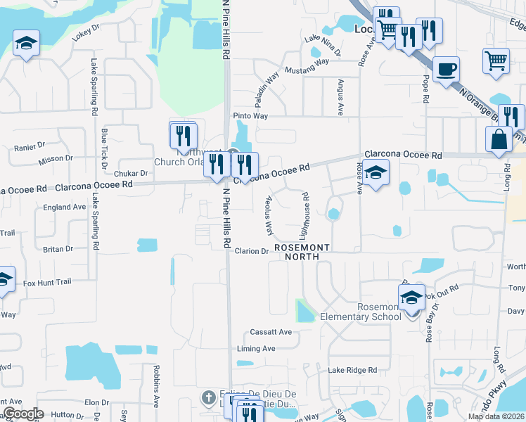 map of restaurants, bars, coffee shops, grocery stores, and more near 5401 Oak Cluster Terrace in Orlando