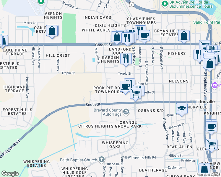 map of restaurants, bars, coffee shops, grocery stores, and more near 1680 Palmetto Street in Titusville