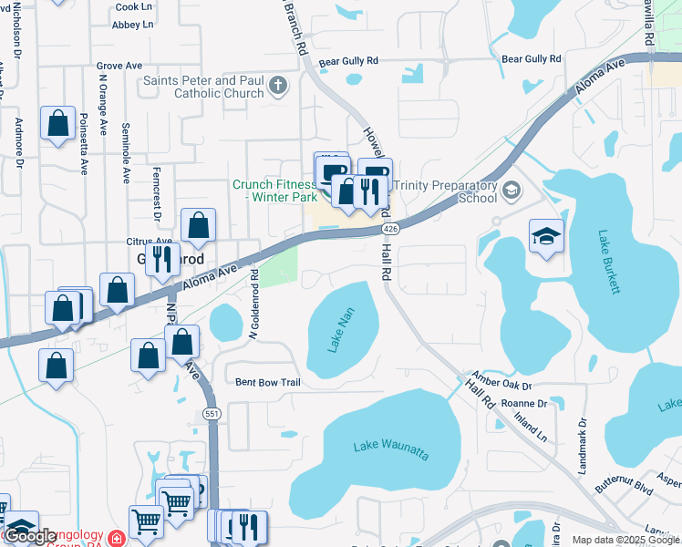 map of restaurants, bars, coffee shops, grocery stores, and more near 7958 Shoals Drive in Orlando