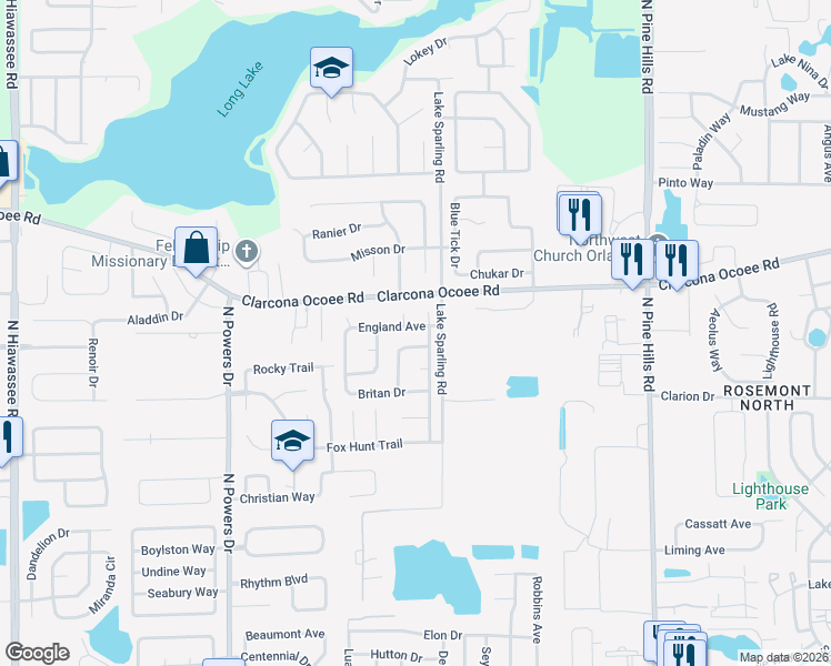 map of restaurants, bars, coffee shops, grocery stores, and more near 5470 Higgins Way in Orlando