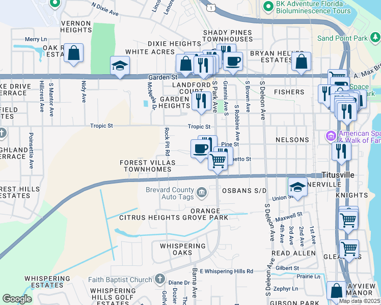 map of restaurants, bars, coffee shops, grocery stores, and more near 517 Rockpit Road in Titusville