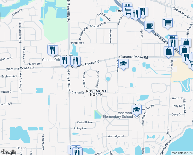 map of restaurants, bars, coffee shops, grocery stores, and more near 5428 Lighthouse Road in Orlando