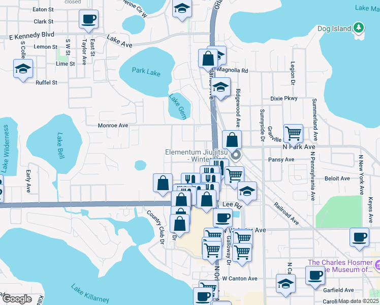 map of restaurants, bars, coffee shops, grocery stores, and more near 1211 Lewis Drive in Winter Park