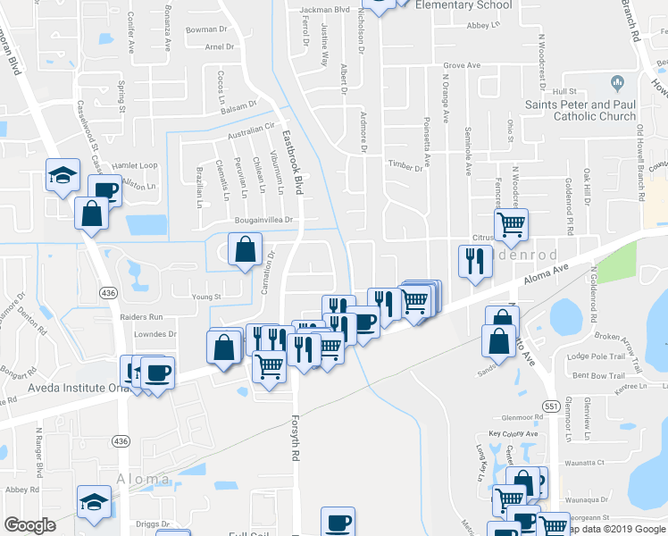 map of restaurants, bars, coffee shops, grocery stores, and more near 903 Mare Bello Drive in Winter Park