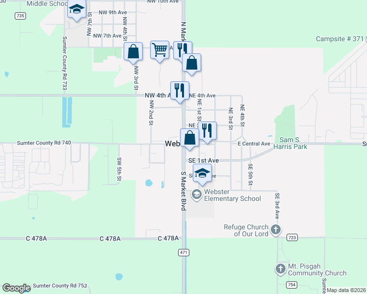 map of restaurants, bars, coffee shops, grocery stores, and more near 22 South Market Boulevard in Webster