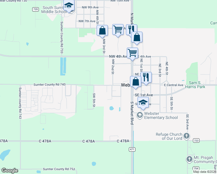 map of restaurants, bars, coffee shops, grocery stores, and more near 62 Southwest 2nd Street in Webster