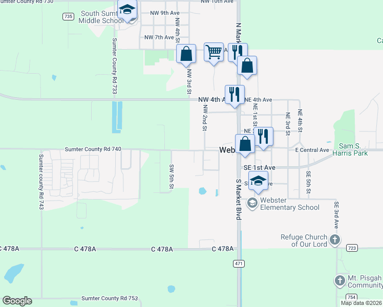 map of restaurants, bars, coffee shops, grocery stores, and more near 88 Southwest 3rd Street in Webster