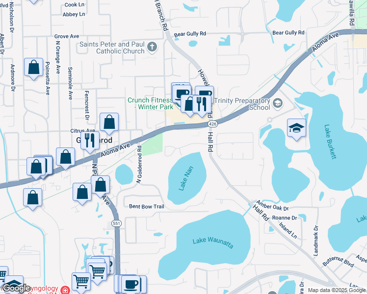 map of restaurants, bars, coffee shops, grocery stores, and more near 7958 Shoals Drive in Orlando