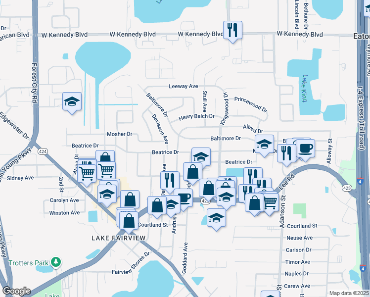 map of restaurants, bars, coffee shops, grocery stores, and more near 1409 Beatrice Drive in Orlando