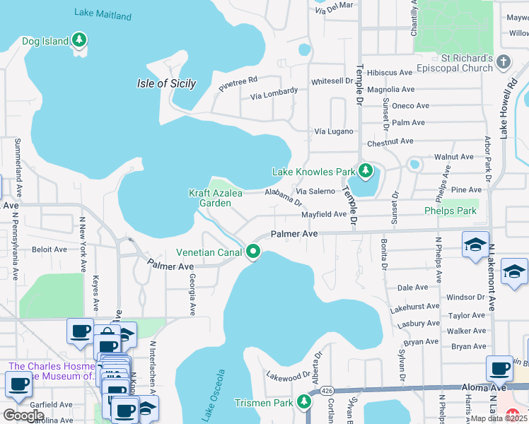 map of restaurants, bars, coffee shops, grocery stores, and more near 888 Mayfield Avenue in Winter Park