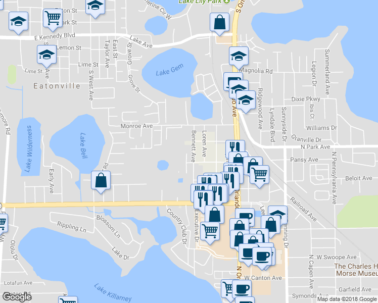 map of restaurants, bars, coffee shops, grocery stores, and more near 1232 Park Green Place in Winter Park