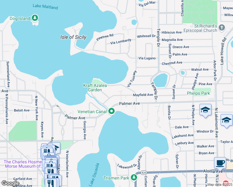 map of restaurants, bars, coffee shops, grocery stores, and more near 888 Mayfield Avenue in Winter Park