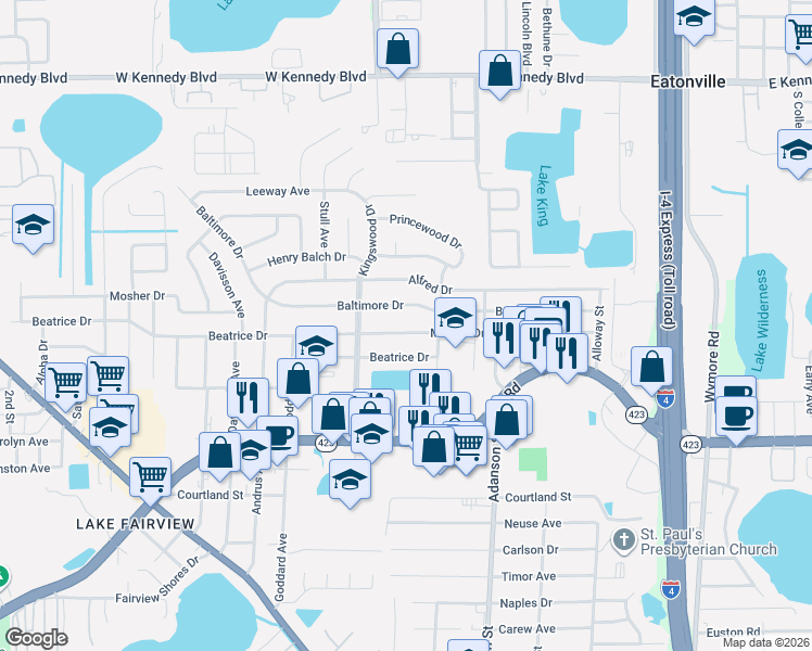 map of restaurants, bars, coffee shops, grocery stores, and more near 1102 Malone Drive in Orlando