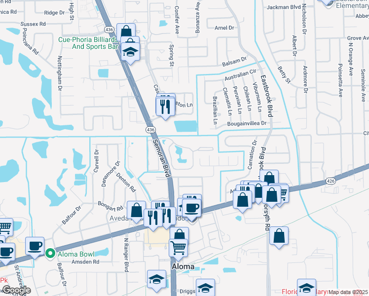 map of restaurants, bars, coffee shops, grocery stores, and more near 3250 Bishop Park Drive in Winter Park