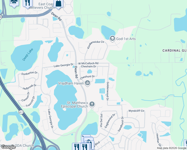 map of restaurants, bars, coffee shops, grocery stores, and more near 10106 Cheshunt Drive in Orlando