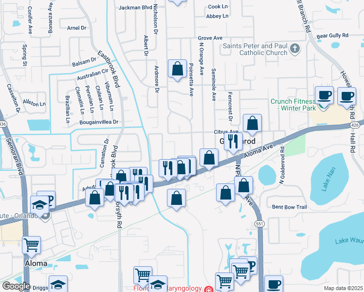 map of restaurants, bars, coffee shops, grocery stores, and more near 4894 Tangerine Avenue in Winter Park