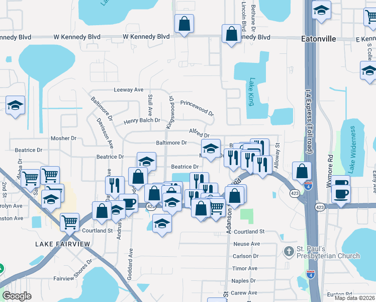 map of restaurants, bars, coffee shops, grocery stores, and more near 1102 Malone Drive in Orlando