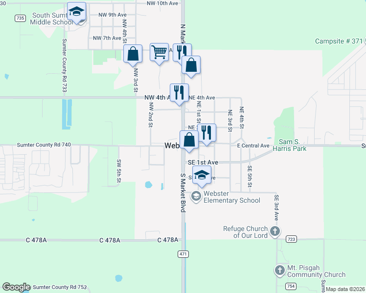 map of restaurants, bars, coffee shops, grocery stores, and more near Florida 471 in Webster