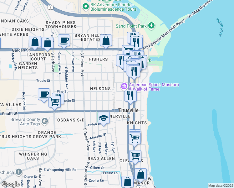 map of restaurants, bars, coffee shops, grocery stores, and more near in Titusville