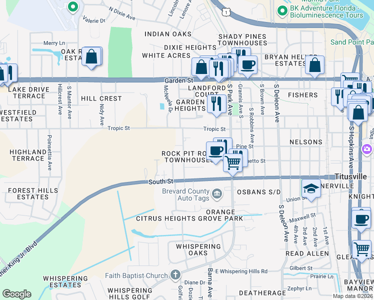map of restaurants, bars, coffee shops, grocery stores, and more near 521 Rockpit Road in Titusville