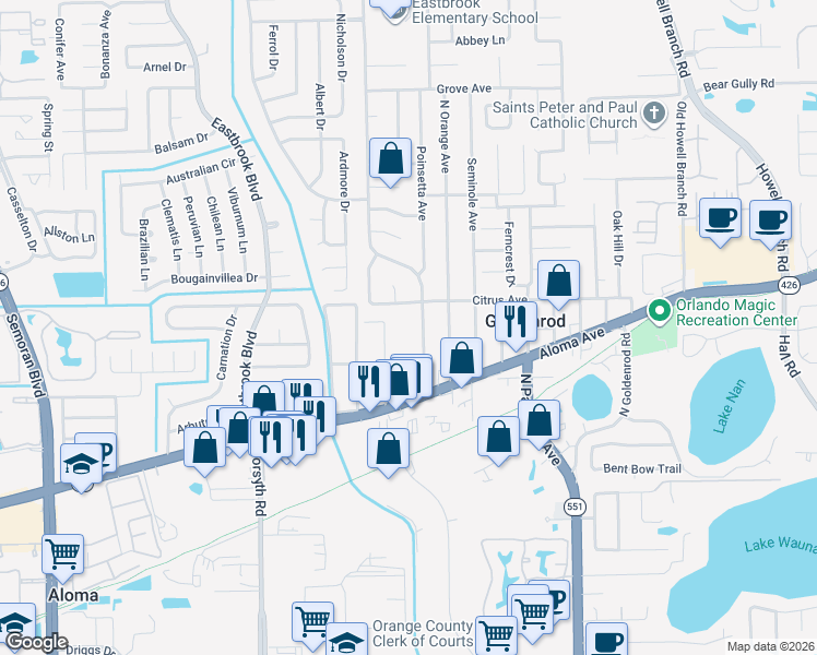 map of restaurants, bars, coffee shops, grocery stores, and more near 4894 Tangerine Avenue in Winter Park