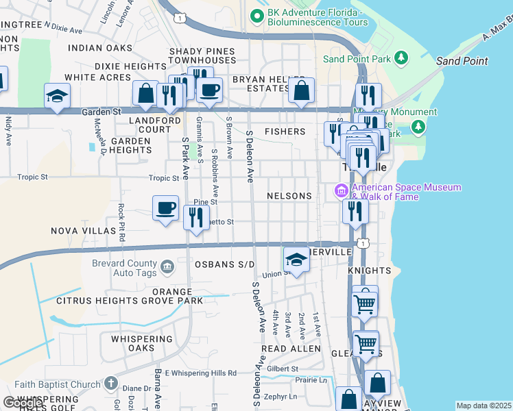 map of restaurants, bars, coffee shops, grocery stores, and more near 910 Palmetto Street in Titusville