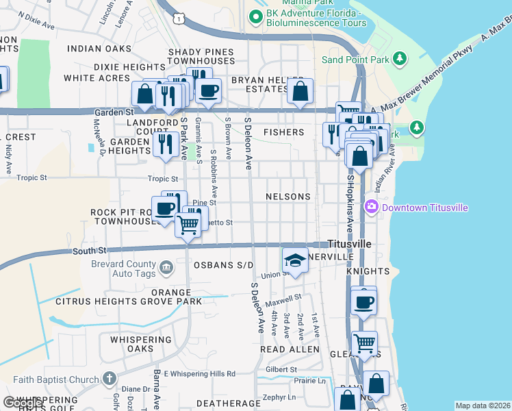map of restaurants, bars, coffee shops, grocery stores, and more near 910 Palmetto Street in Titusville