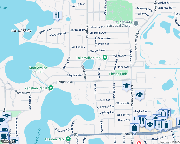 map of restaurants, bars, coffee shops, grocery stores, and more near 1310 Lake Knowles Circle in Winter Park